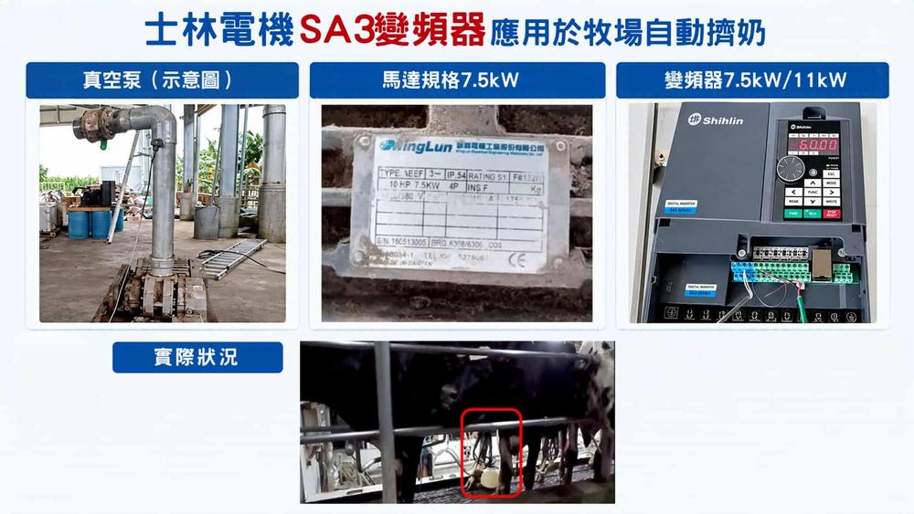 士林電機SA3變頻器搭配7.5kW馬達與真空泵,應用於牧場自動擠奶